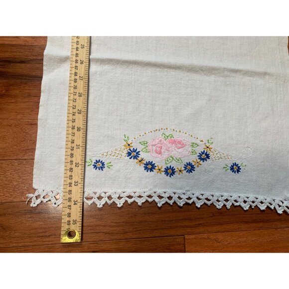 Handmade Embroidered Floral Table Runner with Crocheted Edges - 34" x 16" - Picture 4 of 7